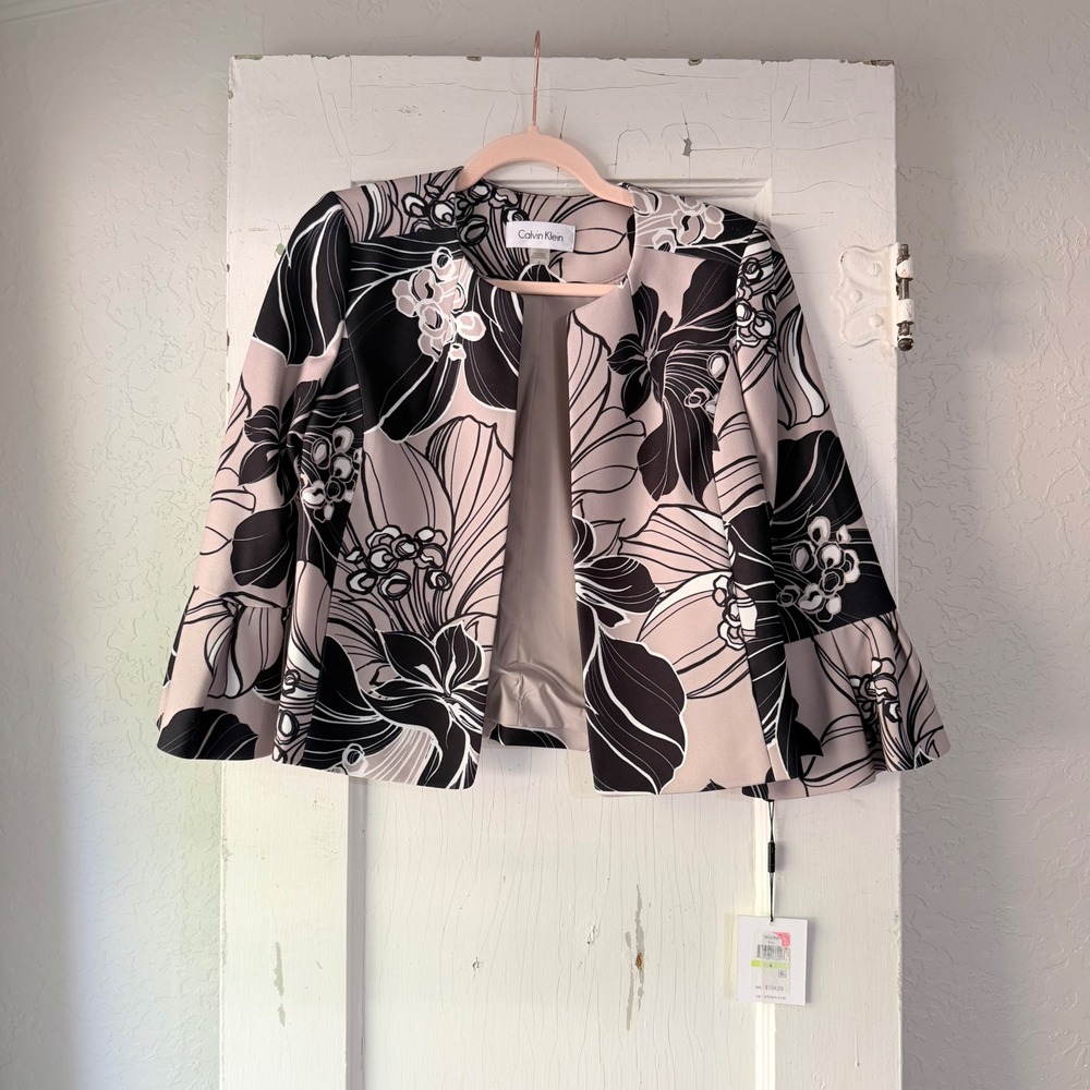 Calvin Klein Womens Floral Bell Sleeve Open Front Jacket Blazer Pink Black Sz 4